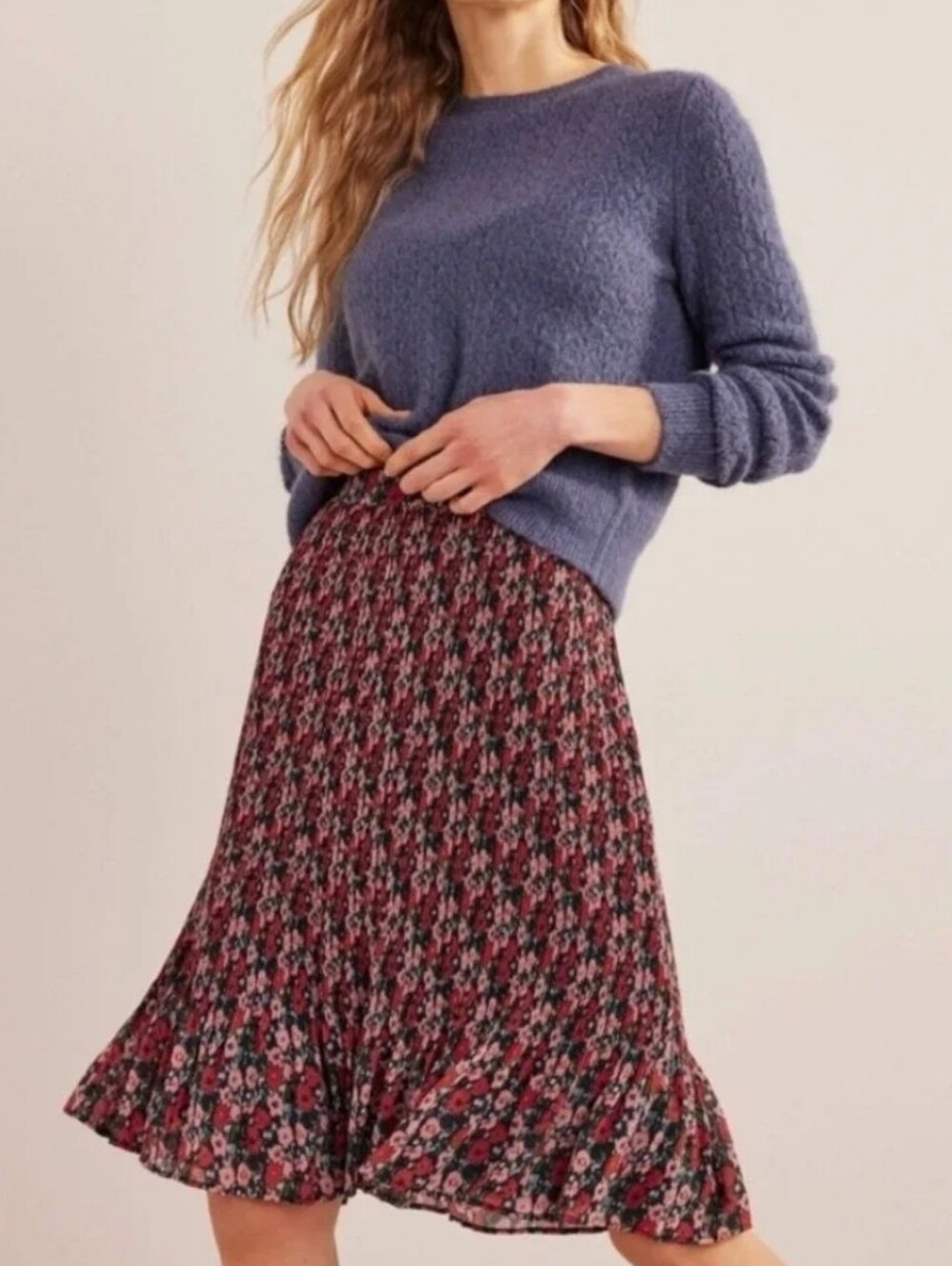 Boden Red Pink Floral Pleated Midi Skirt Navy Blue US 4 UK 8 Side Zip Ruffle Hem
